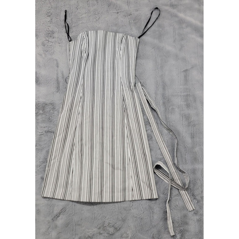 White House Black Market Dress Womens 2 Black White Stripe Strapless Wrap Belted